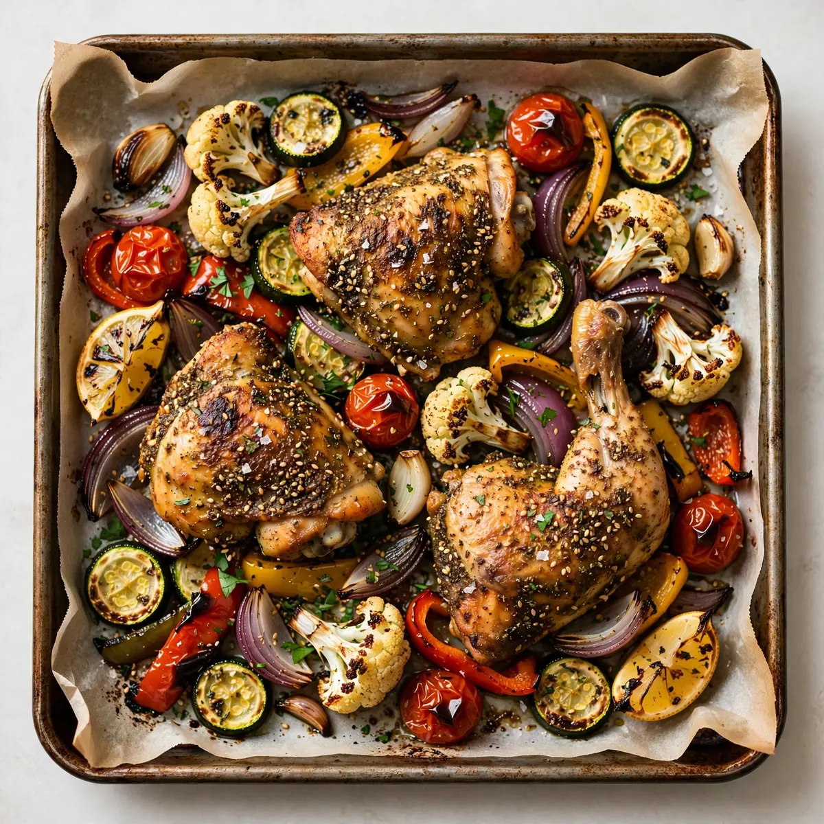 Blech-Za'atar-Hähnchen mit buntem Ofengemüse