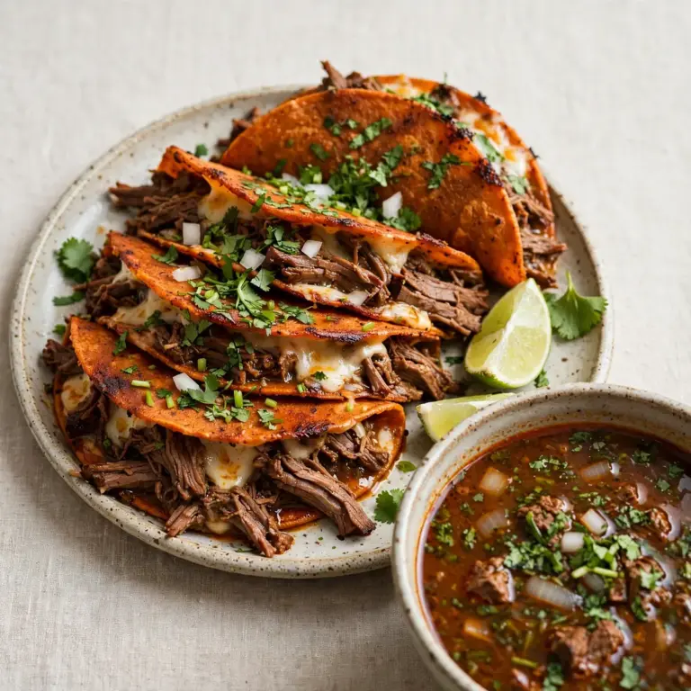 Rindfleisch-Birria-Tacos mit Consommé