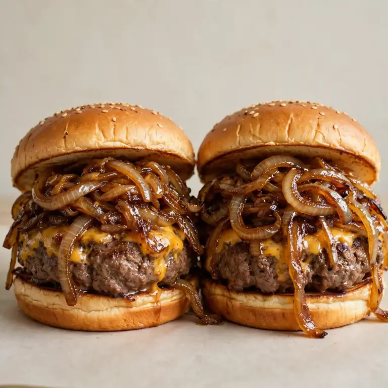 Saftige Rindfleisch-Burger mit karamellisierten Zwiebeln