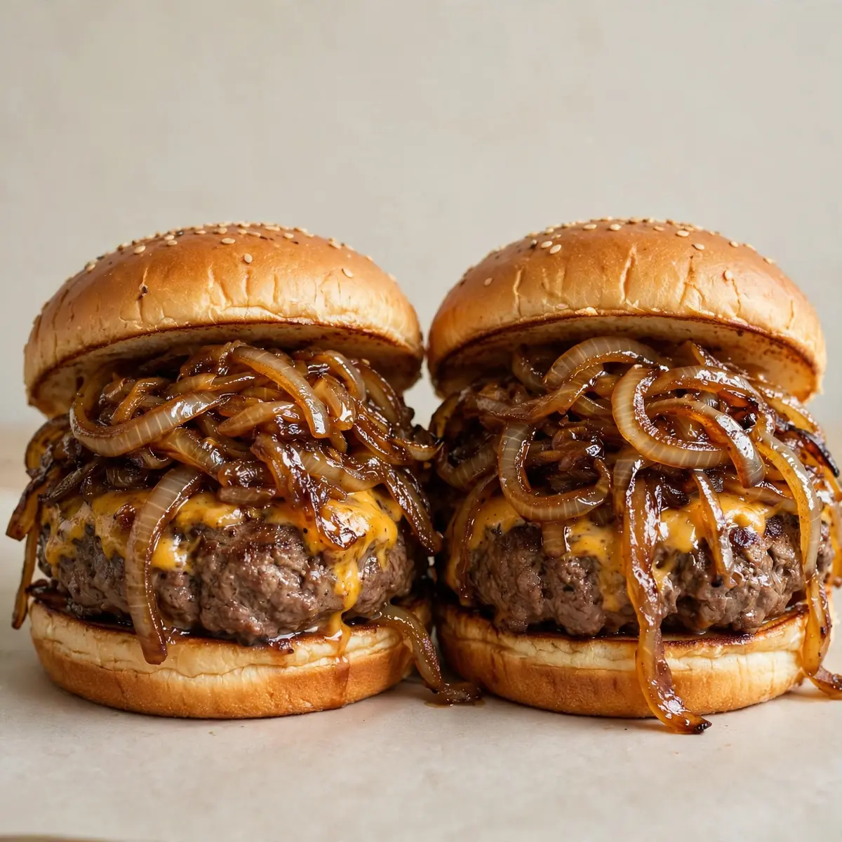 Saftige Rindfleisch-Burger mit karamellisierten Zwiebeln