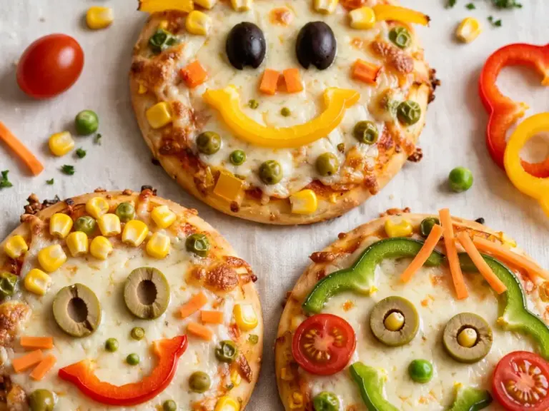 Kinderfreundliche Pizza mit Gemüsegesichtern